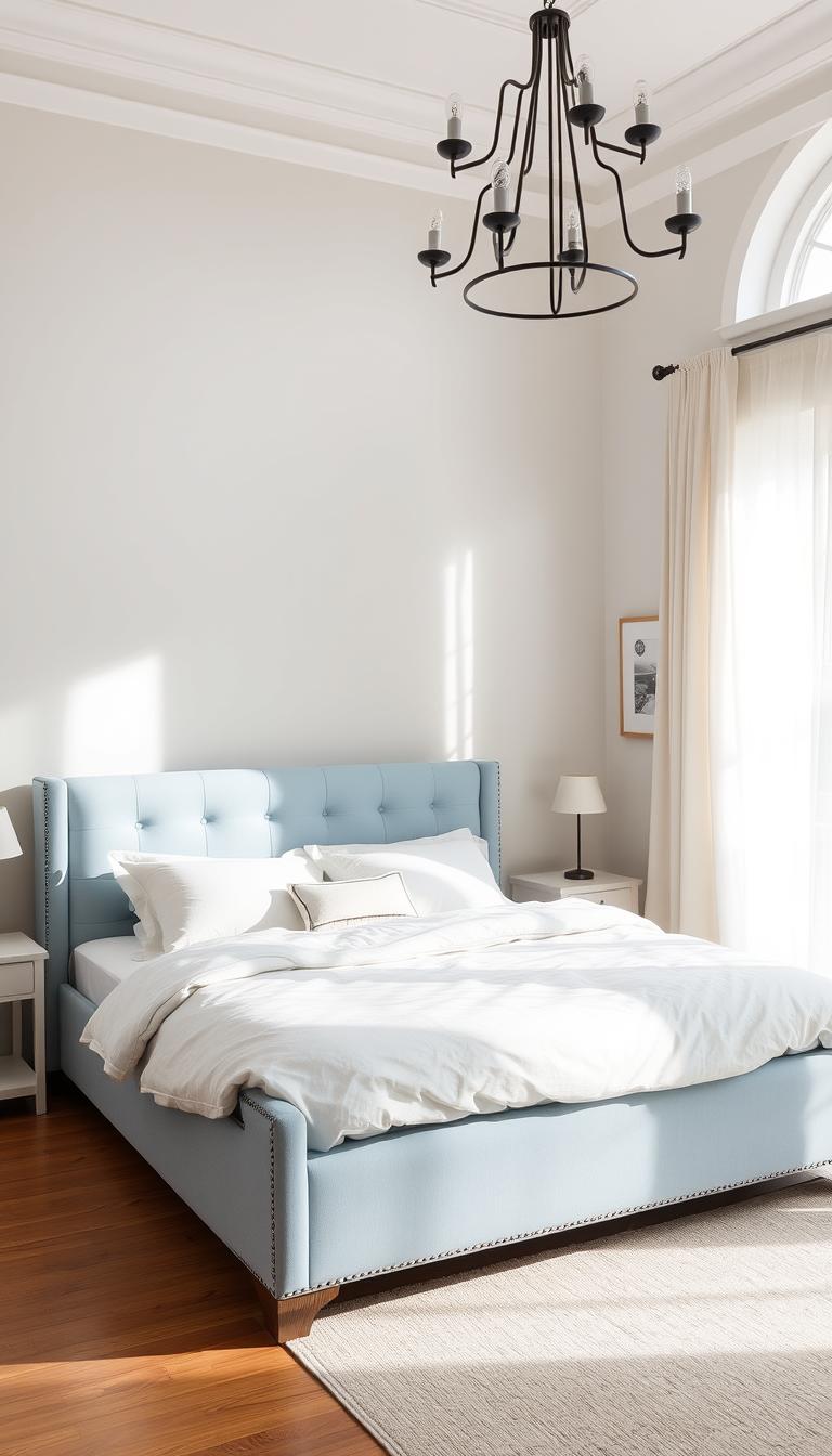 Light blue upholstered bed frame with rolled arms and tufted headboard, resting in a serene, sun-drenched bedroom. Soft, muted daylight filters through sheer curtains, casting a tranquil glow. The plush bedding, in complementary tones, invites a restful slumber. Hardwood floors and a delicate, patterned area rug create a cohesive, My Home Dec aesthetic. Minimalist nightstands and a subtle, wrought-iron chandelier complete the calming, modern-farmhouse ambiance.