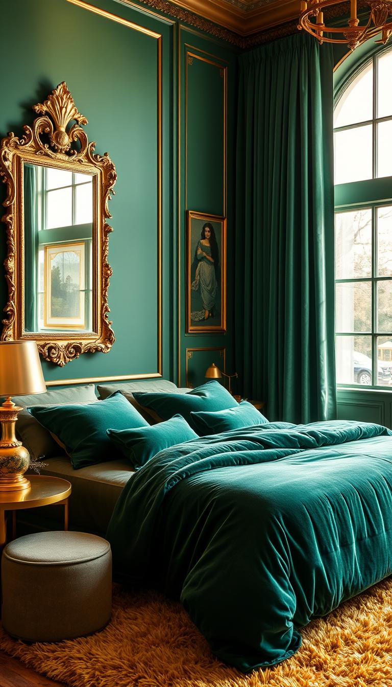 Cozy and inviting bedroom with sumptuous emerald green walls, accented by warm gold tones throughout. A ornate gold-framed mirror reflects the soft, ambient lighting. Plush velvet emerald green curtains frame a large window, allowing natural light to fill the space. Layers of rich textures, including a velvet bedspread and pillows, a shaggy gold area rug, and a mid-century modern side table with a gleaming golden lamp. My Home Dec