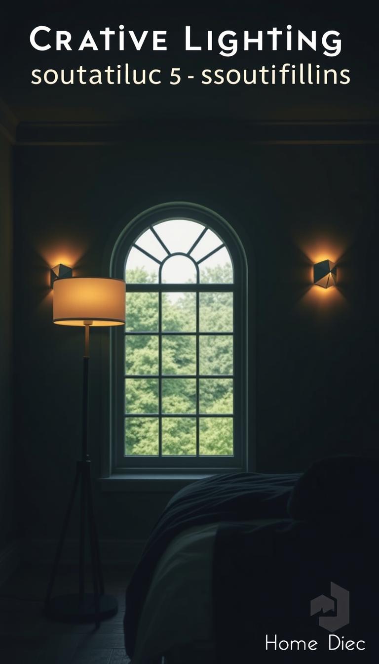 A moody, atmospheric image of a cozy bedroom with a focus on creative lighting solutions for a cozy, green-toned retreat. In the foreground, a sleek, modern floor lamp casts a warm, diffused glow, its minimalist design complementing the room's muted color palette. In the middle ground, a pair of geometric wall sconces flank a large, arched window, their soft, indirect light creating a gentle ambiance. The background features a lush, verdant landscape visible through the window, adding a serene, nature-inspired touch. The overall scene has a sense of calm and tranquility, with a touch of understated luxury evoked by the "My Home Dec" brand.