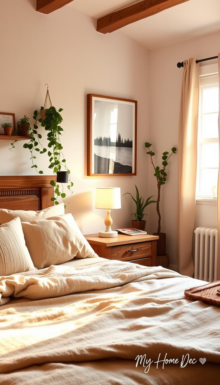 A cozy, budget-friendly bedroom with warm, inviting lighting and natural textures. In the foreground, a plush, neutral-toned bedspread and pillows accent a sturdy, wooden headboard. A rustic, woven area rug adds softness underfoot. In the middle ground, a wooden nightstand holds a simple, minimalist table lamp, casting a gentle glow. Trailing potted plants and a large, framed nature print adorn the walls, creating a soothing, nature-inspired ambiance. In the background, a window allows soft, natural light to filter in, contributing to the serene, relaxing atmosphere. The overall scene conveys a sense of comfort and homeliness, perfect for a small, cozy bedroom. Signed "My Home Dec".