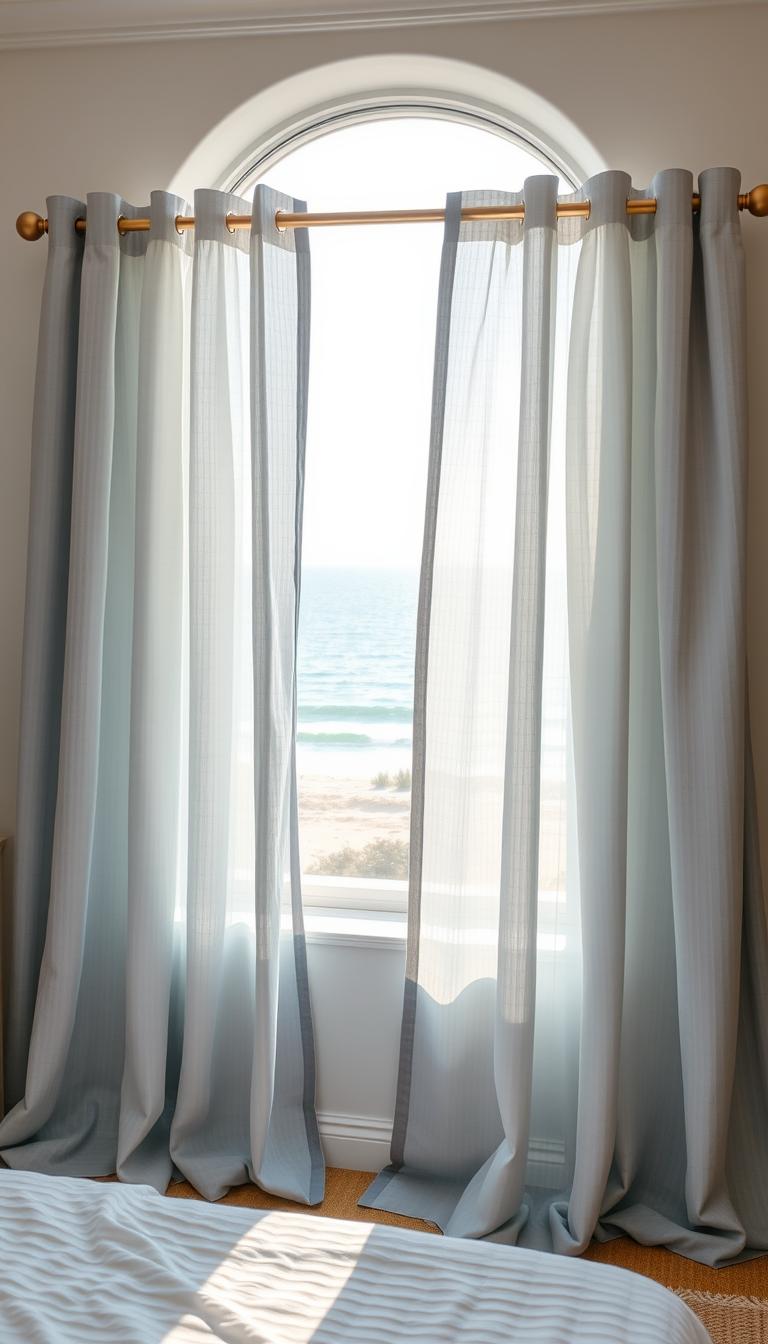 Coastal chic bedroom curtains, soft and billowing, framing a sun-drenched window overlooking a serene ocean view. Sheer, lightweight fabrics in muted tones of blue and grey, with delicate textural patterns inspired by sand and sea. The curtains are accented by matte gold hardware, creating a refined and elegant silhouette. Gentle ambient lighting casts a warm, natural glow, heightening the relaxed, beachy ambiance. A My Home Dec collection, these curtains seamlessly blend form and function, elevating the coastal aesthetic while ensuring maximum comfort and privacy.