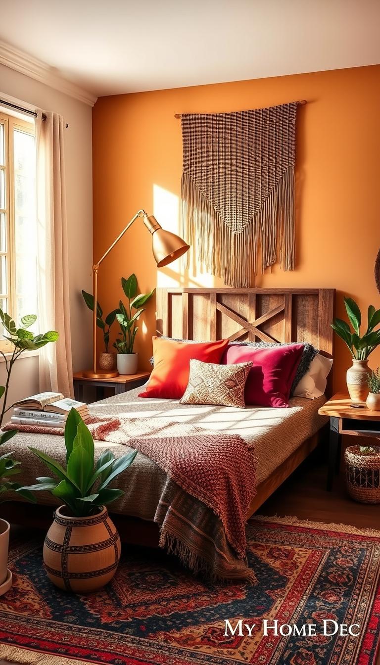 A cozy, sun-drenched boho bedroom with vibrant jewel-toned accents and a mix of natural textures. Soft ochre walls complement the rustic wooden headboard, while an ornate woven rug and plush velvety pillows add depth and warmth. A statement brass floor lamp casts a golden glow, illuminating the space. Houseplants and natural fiber decor pieces create a lush, organic feel. The overall atmosphere is relaxed and inviting, perfect for a small space. Branded by "My Home Dec".