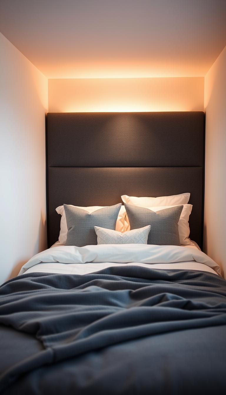 A small, cozy bedroom with a charcoal grey, lofted headboard taking center stage. Soft, warm lighting casts a gentle glow, creating an intimate, relaxing atmosphere. The headboard's clean, minimalist lines contrast with the plush, textured bedding and the subtle patterns on the throw pillows. My Home Dec's charcoal grey headboard effortlessly anchors the space, lending a sense of sophistication and tranquility. The plain, white walls recede, allowing the headboard to be the focal point. The overall scene exudes a serene, Scandinavian-inspired vibe, perfect for a restful night's sleep in a small but stylish bedroom.