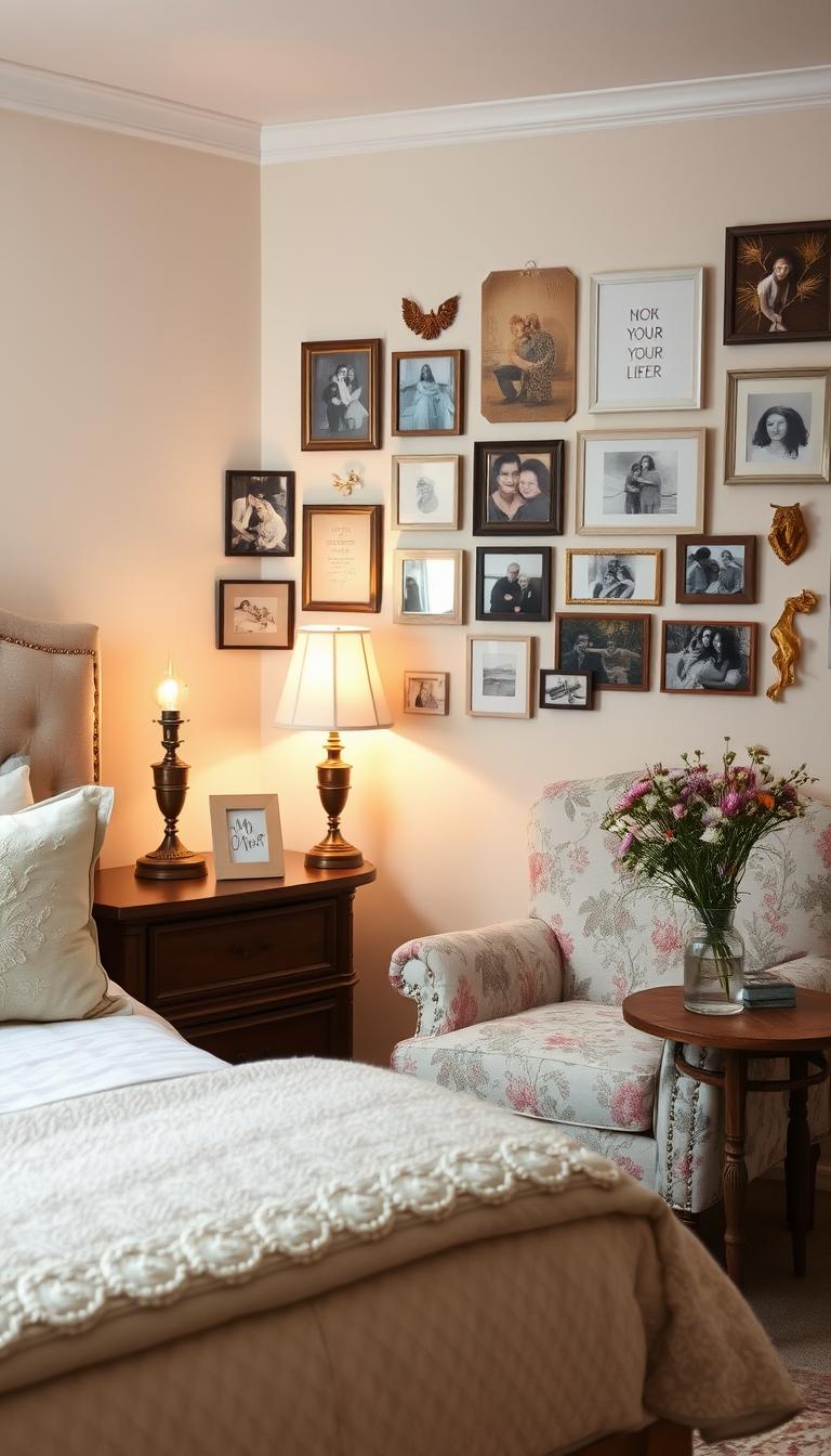 A cozy, personalized bedroom with soft, inviting textures and thoughtful decor. In the foreground, a plush, tufted headboard adorned with embroidered pillows in neutral tones. On the bedside tables, a pair of antique lamps with warm, flickering light. In the middle ground, a vintage-inspired armchair upholstered in a floral print, nestled next to a rustic, wooden side table displaying a vase of freshly picked wildflowers. The background features a wall gallery of framed family photos and personal mementos, creating an intimate, lived-in atmosphere. Throughout, the lighting is soft and diffused, casting a gentle glow that enhances the "My Home Dec" inspired ambiance.