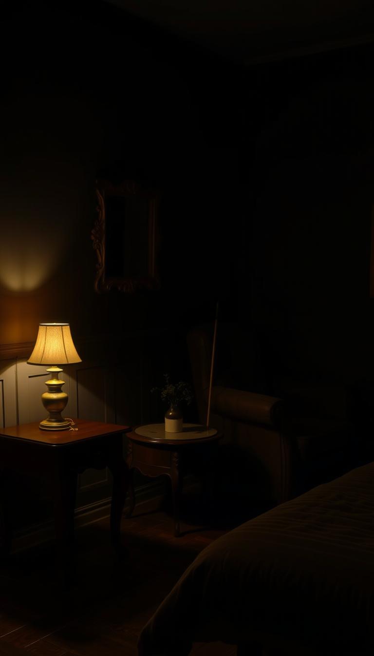 A dimly lit bedroom, the soft glow of a single lamp casting shadows across the dark wooden floors. A bedside table with a tarnished brass lamp, its light flickering as dust motes dance in the air. On the wall, an antique mirror reflects the scene, its frame delicately aged. In the far corner, a plush armchair waits, inviting you to curl up and enjoy the serene atmosphere. The air is heavy with the scent of sandalwood, creating a calming ambiance. This is the "Practical Tips for Maintaining a Dark Bedroom" as envisioned by My Home Dec.