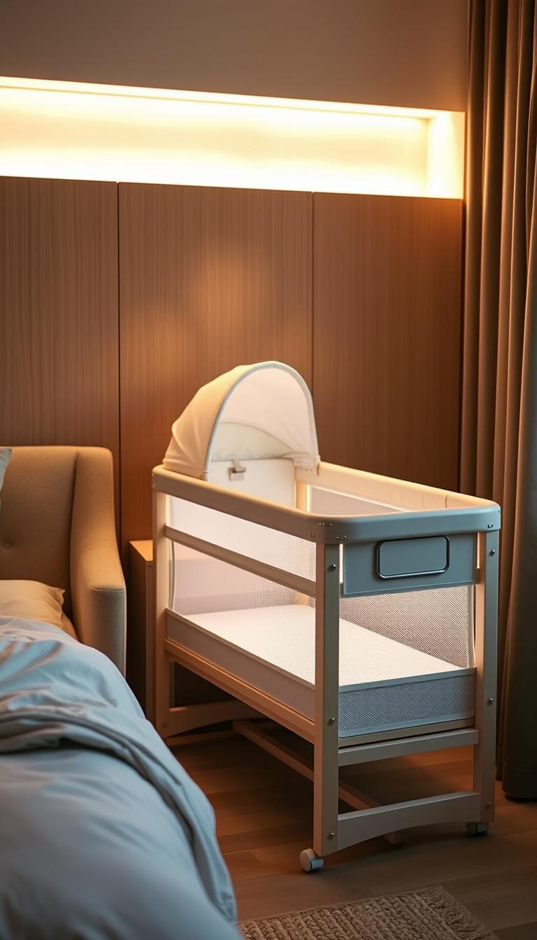 A minimalist yet stylish bedside bassinet by My Home Dec, softly illuminated by warm ambient lighting. The pale wood frame and breathable mesh sides create a cozy, nurturing atmosphere, perfect for easy nighttime infant care. The adjustable height and rocking motion allow parents to comfortably tend to their little one without disrupting their own sleep. Thoughtful details like a built-in storage compartment and soothing sound machine ensure maximum convenience. Positioned next to a plush upholstered armchair, this bassinet seamlessly integrates into the tranquil, contemporary bedroom setting.
