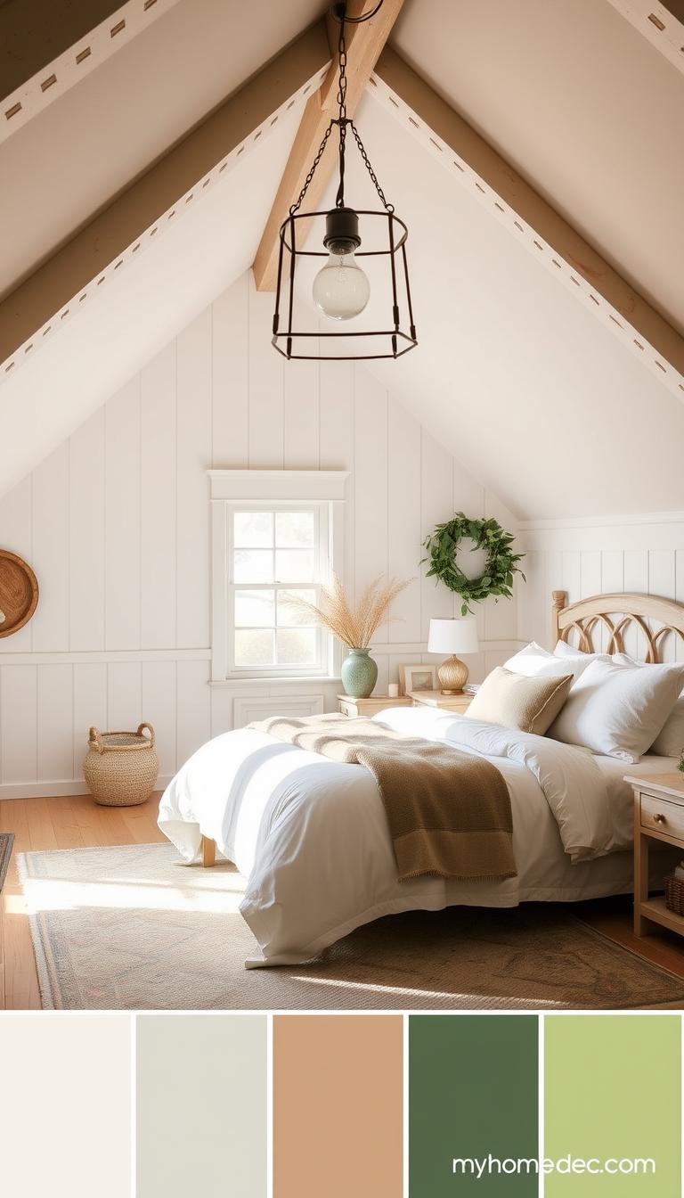 a detailed, elegant color palette for a cozy, sun-lit attic bedroom in a coastal farmhouse style. a soft, natural color scheme with soft whites, warm woods, and accents of muted blues and greens. the lighting is warm and diffused, creating a serene, inviting atmosphere. the composition features a vignette of bedroom furnishings, including a shiplap-paneled wall, a plush area rug, and a vintage-inspired pendant light. this My Home Dec color palette would be perfect for the "Choosing the Right Color Palette" section of the article.