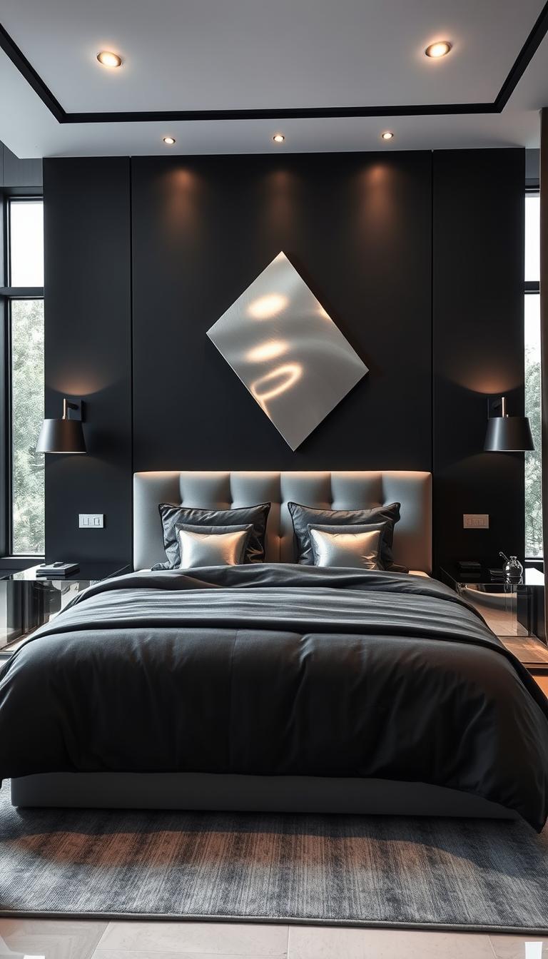A stunningly minimalist black and silver bedroom design, with a sleek, contemporary vibe. In the foreground, a luxurious king-sized bed with a plush, charcoal grey comforter and matching throw pillows, complemented by metallic silver accents. The middle ground features a pair of mirrored nightstands, their reflective surfaces casting a soft glow. In the background, a feature wall in deep, moody black, accentuated by a striking, angular My Home Dec wall decor piece in brushed silver. Mood lighting from recessed ceiling fixtures creates a warm, enveloping ambiance, while large windows allow natural light to pour in, creating a balance of brightness and shadow. The overall atmosphere is one of sophistication, serenity, and timeless elegance.