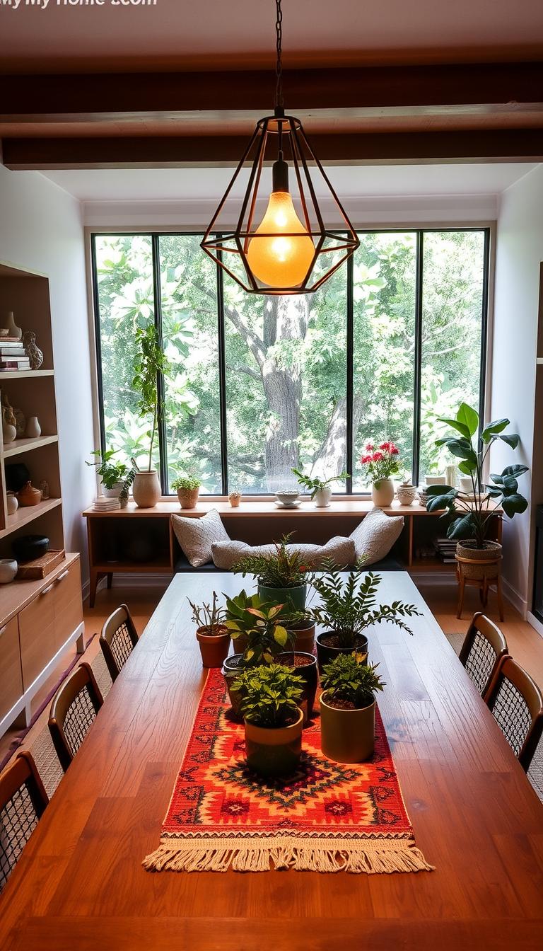 A cozy, mid-century modern dining room with a bohemian touch. In the foreground, a large wooden table is adorned with a colorful, boho-inspired table runner and an assortment of potted plants. Overhead, a sleek, geometric light fixture casts a warm, ambient glow. Along the walls, built-in shelves display an eclectic mix of ceramics, books, and personal knick-knacks. In the background, a large window frames a lush, green view, filtering in natural light. The overall atmosphere is one of relaxed sophistication, blending the clean lines of mid-century design with the eclectic, earthy tones of bohemian style. My Home Dec.