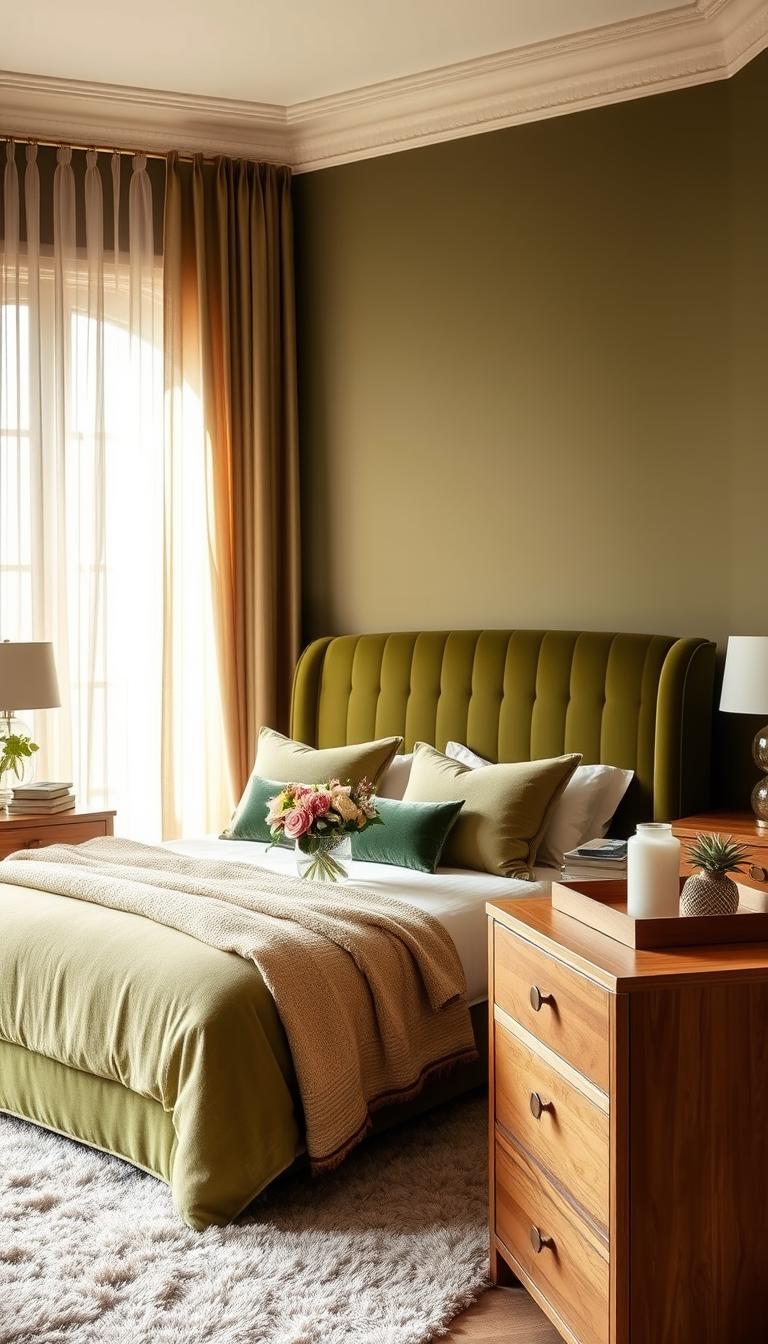 A stylishly furnished olive green bedroom featuring a plush velvet headboard, soft textured bedding, and elegant gold accents. Sheer curtains filter the warm natural light, casting a cozy glow. Wooden nightstands and a dresser in a complementary tone flank the bed. On the dresser, a vase of fresh flowers and a decorative tray holding a candle and small potted plant add natural touches. The floor is covered in a lush, neutral-toned area rug. The overall atmosphere is one of refined sophistication and serene comfort. Photographed for My Home Dec.