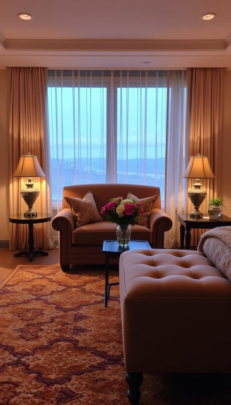 A cozy sitting area in a master bedroom, bathed in warm, soft lighting from a pair of ornate table lamps. In the foreground, a plush armchair and matching ottoman covered in a rich, velvet fabric in a seasonal hue. A thick, hand-woven area rug in earthy tones grounds the space. In the middle ground, a wooden end table with a decorative vase of fresh flowers. Along the back wall, a large window offering a scenic view. Sheer, flowing curtains in a complementary color frame the window. The overall atmosphere is one of comfort, relaxation, and a touch of elegant, "My Home Dec" style.