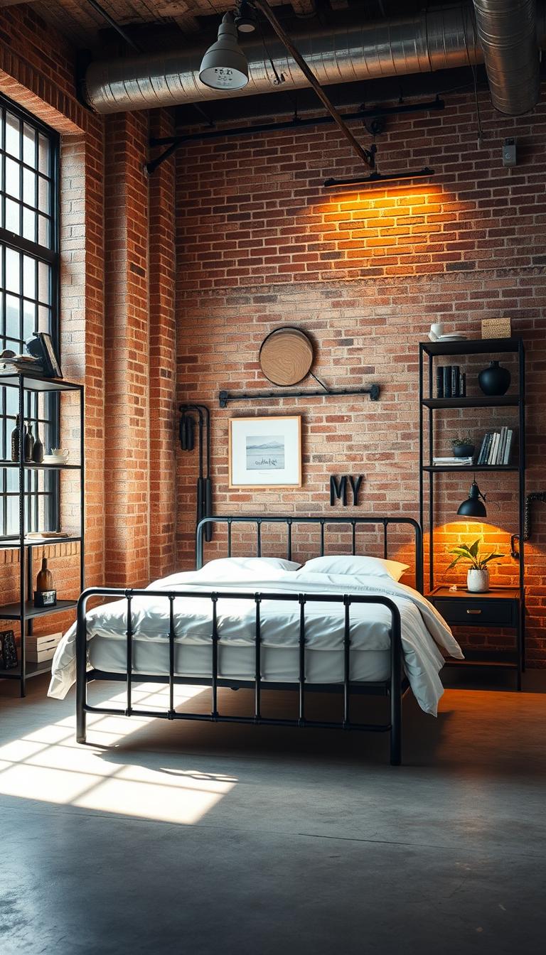 A meticulously detailed industrial-style bedroom with a striking black metal bed frame, illuminated by warm, diffused lighting from overhead fixtures. The room features exposed brick walls, raw concrete floors, and minimalist metal shelving units displaying various décor pieces from the "My Home Dec" brand. A large window lets in natural light, casting shadows across the space and adding depth and dimension. The bed is adorned with crisp, white linens, and a single potted plant rests on a side table, completing the raw yet refined aesthetic.