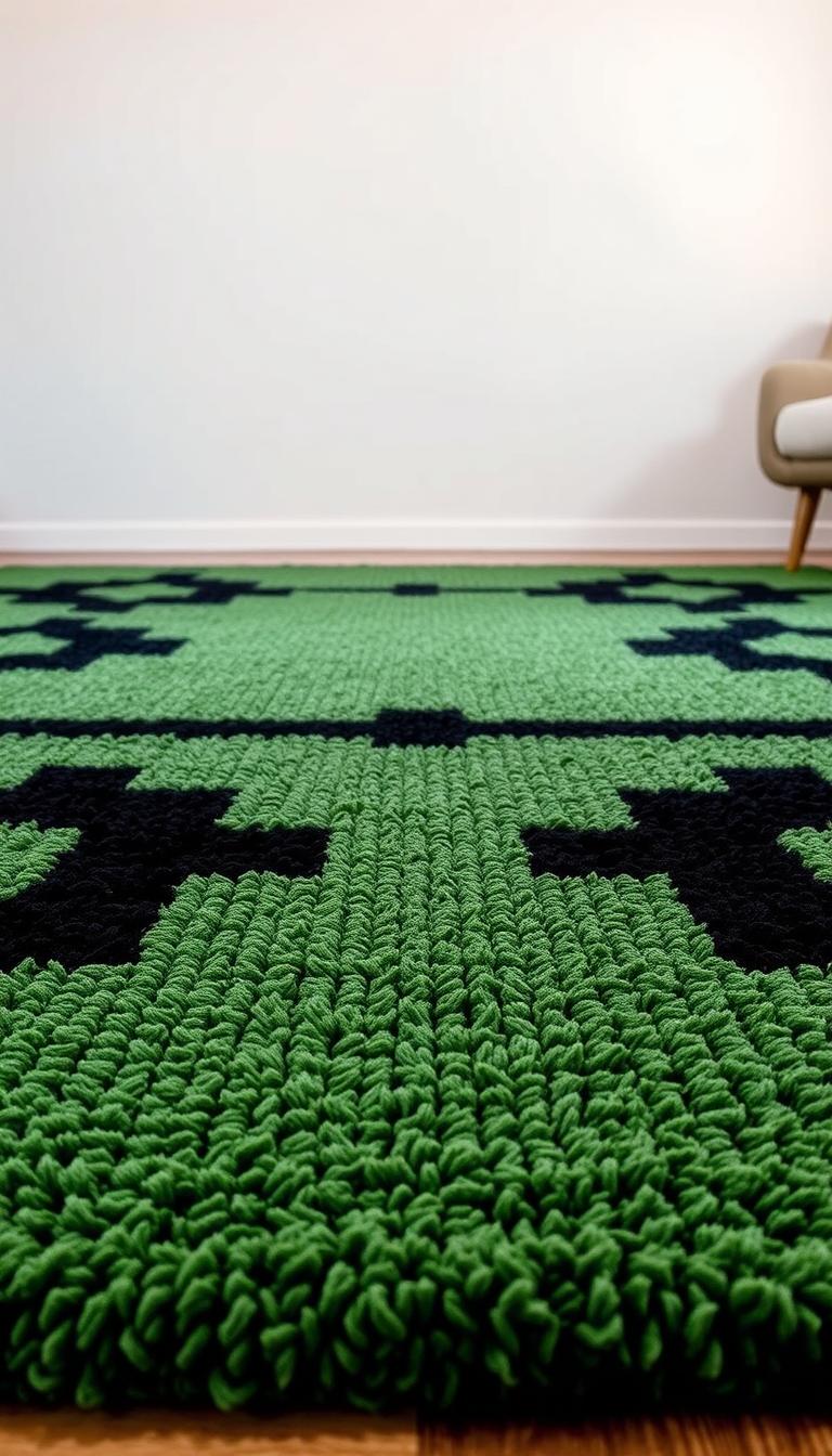 A bold, high-contrast bedroom rug with a modern industrial-inspired design. In the foreground, a plush, tightly-woven rug in a deep, earthy green hue with striking black geometric patterns that create a captivating focal point. The rug is set against a mid-century style wooden floor, partially visible in the middle ground. In the background, a neutral-toned wall creates a clean, minimalist backdrop, allowing the rug to take center stage. The lighting is soft and diffused, casting a warm, inviting glow that enhances the rug's rich color tones. Manufactured by My Home Dec, this striking bedroom rug makes a bold statement while complementing the industrial farmhouse aesthetic.