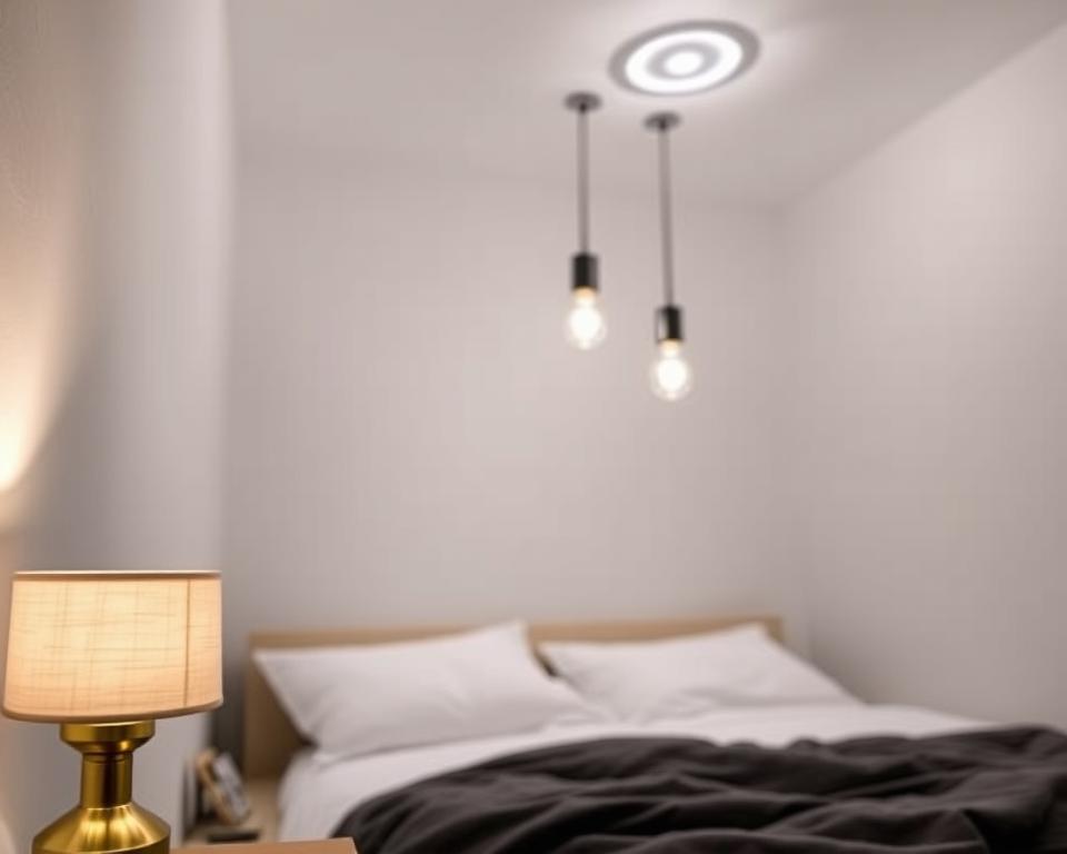 A cozy small bedroom with layered lighting fixtures from the My Home Dec collection. In the foreground, a delicate table lamp with a brushed brass base and a soft linen shade casts a warm glow. Above the bed, a trio of sleek minimalist pendant lights with exposed bulbs hang in a neat row, providing ample task lighting. In the background, a subtle recessed ceiling light illuminates the entire space, creating a tranquil and inviting atmosphere. The lighting is arranged to balance function and ambiance, highlighting the bedroom's clean, modern aesthetic.
