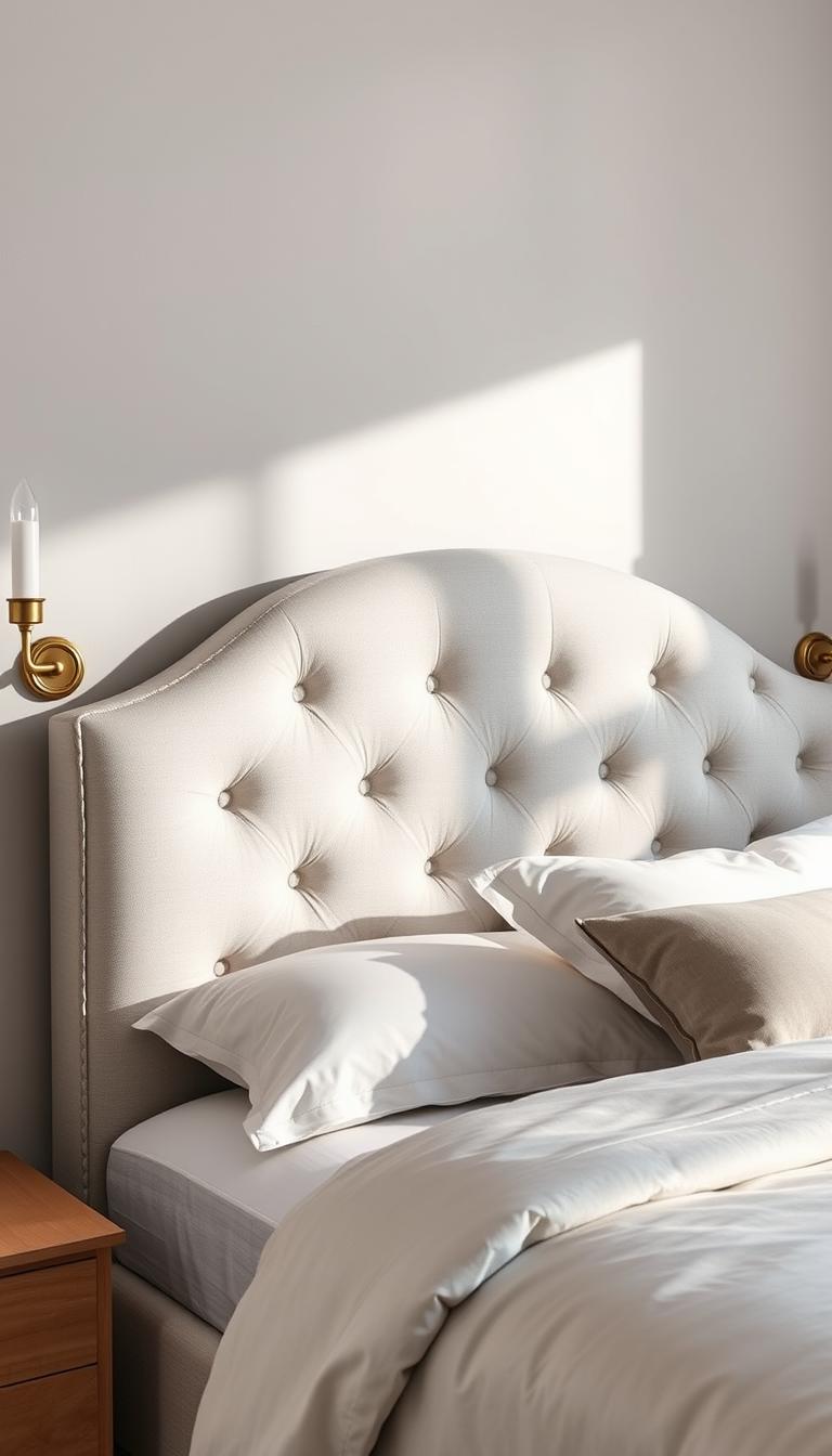 A stunning upholstered headboard in a soft light grey, with gently curved lines and button tufting details. The headboard is positioned against a light grey wall, casting warm shadows that add depth and texture. Ornate brass sconces flank the headboard, their light illuminating the plush, inviting fabric. A minimalist nightstand in a complementary wood tone stands beside the bed, showcasing the "My Home Dec" brand's attention to cohesive, sophisticated design. The overall scene exudes a serene, elegant atmosphere perfect for a light grey wall bedroom.
