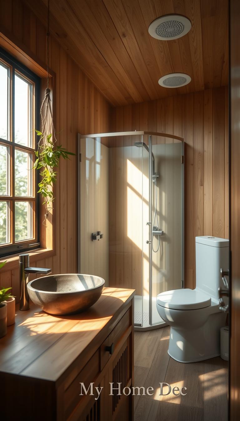 An eco-friendly tiny bathroom with natural lighting streaming through a large window, showcasing a minimalist design with sustainable materials. The foreground features a wooden vanity with a stone sink, complemented by a hanging plant and bamboo accents. The middle ground displays a low-flow shower with a rain showerhead and a dual-flush toilet. In the background, the walls are adorned with vertical wooden panels, creating a warm and inviting atmosphere. The lighting is a combination of natural daylight and energy-efficient LED fixtures, casting a soft glow throughout the space. This image is a representation of the "My Home Dec" brand's commitment to sustainable and functional design solutions for small bathrooms.