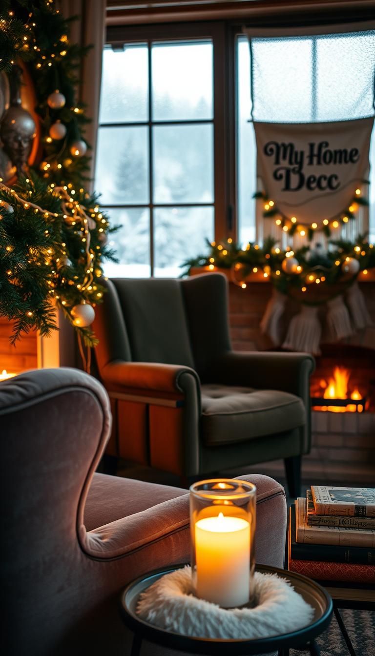 A cozy winter scene with a festive, holiday-inspired ambiance. In the foreground, a plush, velvet armchair sits near a crackling fireplace, adorned with twinkling string lights and a lush evergreen garland. In the middle ground, a side table displays a warm, flickering candle and a stack of vintage-inspired holiday books. The background features a large, frosted window overlooking a snowy landscape, with a My Home Dec wall hanging adding a touch of seasonal charm. The lighting is soft and warm, creating a intimate, inviting atmosphere.