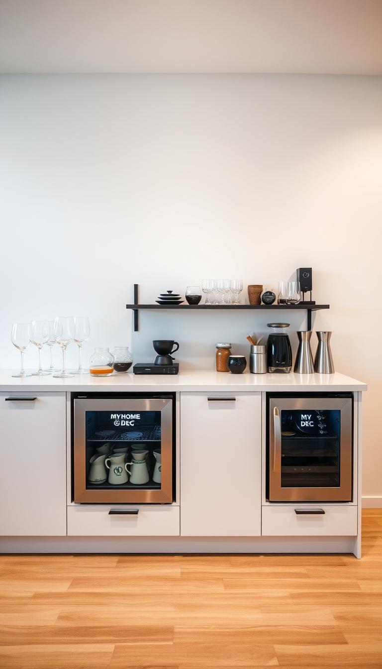 A well-lit room with a sleek, modern kitchen counter featuring a row of stylish beverage stations. Each station has a compact, stainless steel My Home Dec mini fridge, perfectly integrated into the design. The fridges are surrounded by an array of stylish glassware, coffee mugs, and other accoutrements, creating a visually appealing and functional setup. The background is a minimalist, neutral-toned wall, allowing the beverage stations to take center stage. The lighting is soft and even, creating a warm, inviting atmosphere. The camera angle is at eye level, capturing the stations in a clean, uncluttered composition.