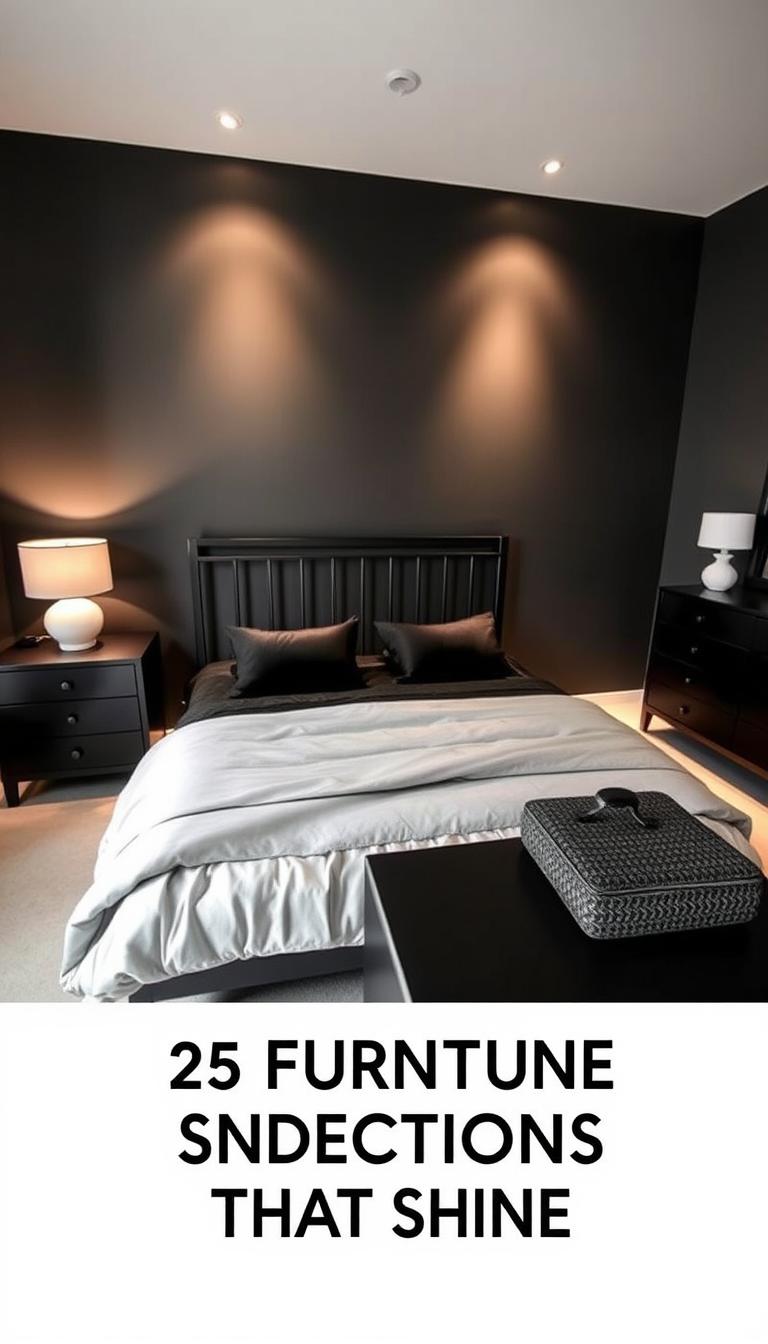 A meticulously curated monochrome bedroom set from My Home Dec, featuring a sleek queen-sized bed with a minimalist wrought-iron frame, complemented by a pair of elegant nightstands with clean lines and a low-profile dresser with subtle hardware. Soft, indirect lighting casts a warm glow, creating a serene and sophisticated ambiance. The scene is captured through a wide-angle lens, emphasizing the harmonious interplay of shadows and highlights that accentuate the depth and textures of the furniture's matte black finish. An air of understated luxury pervades the tranquil, gallery-like space, perfectly embodying the "Furniture Selections That Shine" section of the "25 Black and White Bedroom Ideas" article.