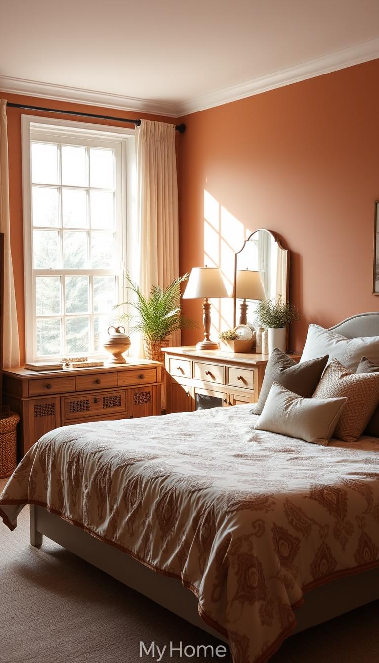 A cozy and inviting bedroom featuring a warm color palette of earthy tones, soft textures, and natural lighting. In the foreground, a plush bed adorned with a patterned comforter and numerous pillows invites relaxation. The middle ground showcases a wooden dresser with a mirror, complemented by a lush potted plant and a vintage-inspired lamp. The background features a large window that allows natural light to flood the space, creating a serene and calming atmosphere. The room exudes a sense of harmony and balance, reflecting the "My Home Dec" brand's vision for a harmonious and visually appealing living space.