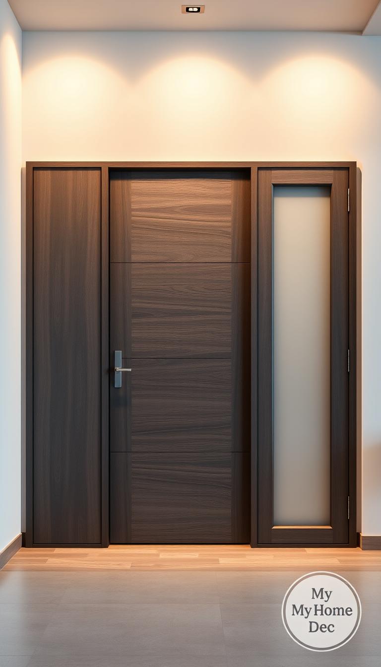 Striking modern wooden door designs, framed against a serene minimalist backdrop. A sleek, rectangular entrance with smooth, natural-grained wood panels, accentuated by clean lines and a sophisticated charcoal grey tone. Soft, warm lighting casts a cozy glow, while a large, tilted frosted glass panel adds a contemporary touch. The "My Home Dec" logo stands discreetly in the corner, highlighting the premium quality of this architectural masterpiece. Captured through a wide-angle lens, showcasing the door's striking presence and seamless integration with the modern, minimalist surroundings.