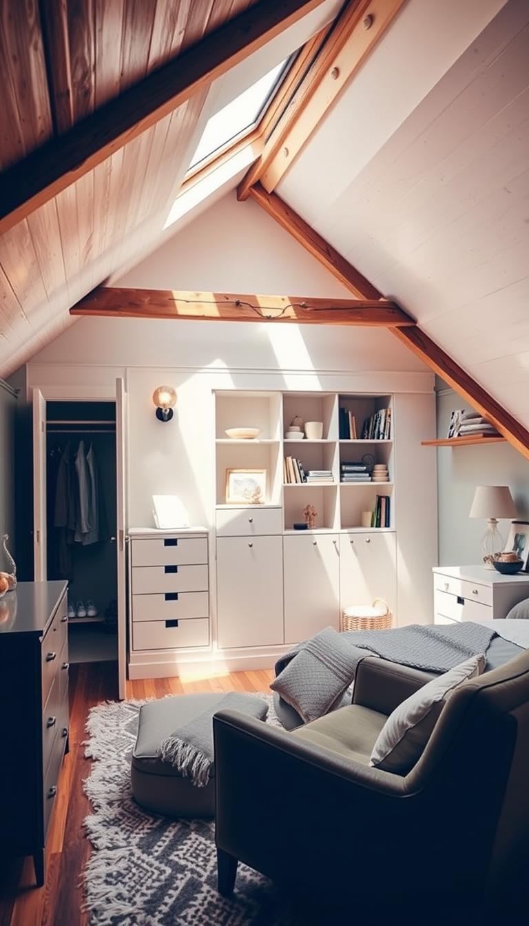 Cozy attic bedroom with warm lighting, showcasing clever storage solutions. Sunlight streams through skylights, casting a soft glow on the rustic wooden beams and whitewashed walls. Decorative wall sconces flank a neatly organized open wardrobe, complemented by chic floating shelves displaying trinkets and books. Plush area rug, a comfy armchair, and a muted color palette create a tranquil ambiance. Sleek yet functional dresser and nightstands provide ample storage without dominating the space. My Home Dec - Incorporating Storage Wisely.