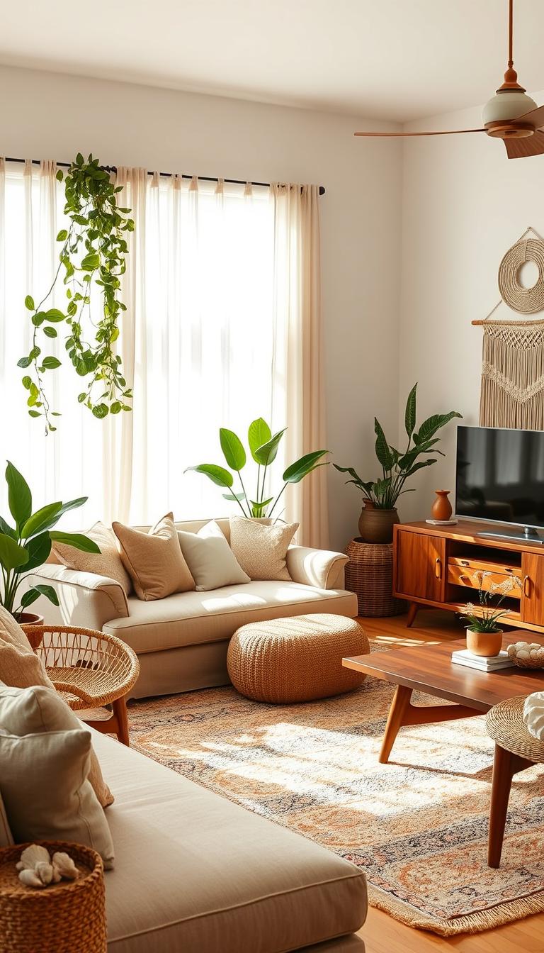 A cozy, sun-drenched boho coastal living room with a statement-making design. Plush, textured furniture in earthy tones - a linen sofa, rattan armchair, and shaggy rug. Trailing houseplants and cascading macramé wall hanging create an organic, natural vibe. Warm wood tones in a mid-century media console and coffee table provide contrast. Soft, diffused light filters through sheer curtains, evoking a serene, beachy ambiance. Accents of terracotta, seashells, and vintage brass lend an elevated, yet laid-back aesthetic. Designed by My Home Dec.