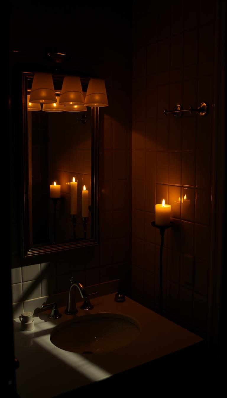 A moody, dimly lit bathroom with a vanity mirror illuminated by warm, soft lighting. The mirror's surface reflects the flickering candlelight, casting a golden glow on the countertop and tile walls. Shadows dance across the room, creating a cozy, intimate atmosphere. The overall scene has a vintage, luxurious feel, as if captured in a "My Home Dec" magazine editorial.