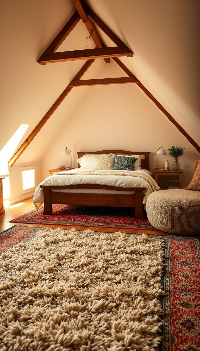 A cozy attic bedroom bathed in warm, soft lighting. In the foreground, a plush, layered rug anchors the space, its textures and patterns adding depth and visual interest. Surrounding it, a mix of patterned and solid-colored rugs in complementary hues create a cohesive, inviting atmosphere. The middle ground features a wooden-framed bed dressed in crisp, white linens and an array of plush, throw pillows. Overhead, the slanted ceiling and exposed beams lend an intimate, rustic charm. Hints of greenery and subtle, decorative accents complete the &quot;My Home Dec&quot; aesthetic, cultivating a serene, sanctuary-like ambiance.