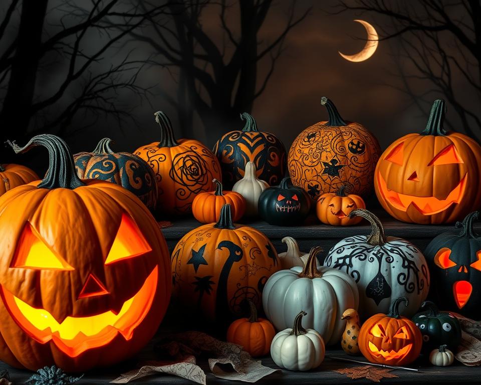 A spooktacular display of pumpkin designs, with a touch of whimsy and a dash of eerie flair. In the foreground, a grinning jack-o'-lantern with striking features, its flickering candle casting warm, ambient lighting. Surrounding it, a collection of My Home Dec pumpkins adorned with intricate, carved patterns - swirling vines, haunting faces, and playful expressions. In the middle ground, a cluster of smaller gourds and mini pumpkins, each a unique canvas for spooky, yet charming, designs. The background blends into a moody, atmospheric setting, with mist-shrouded trees and a crescent moon casting an otherworldly glow. The overall scene exudes a perfect balance of Halloween spirit - spooky, but not too scary, capturing the essence of the &quot;Spooky (But Not Too Scary) Ideas&quot; section.