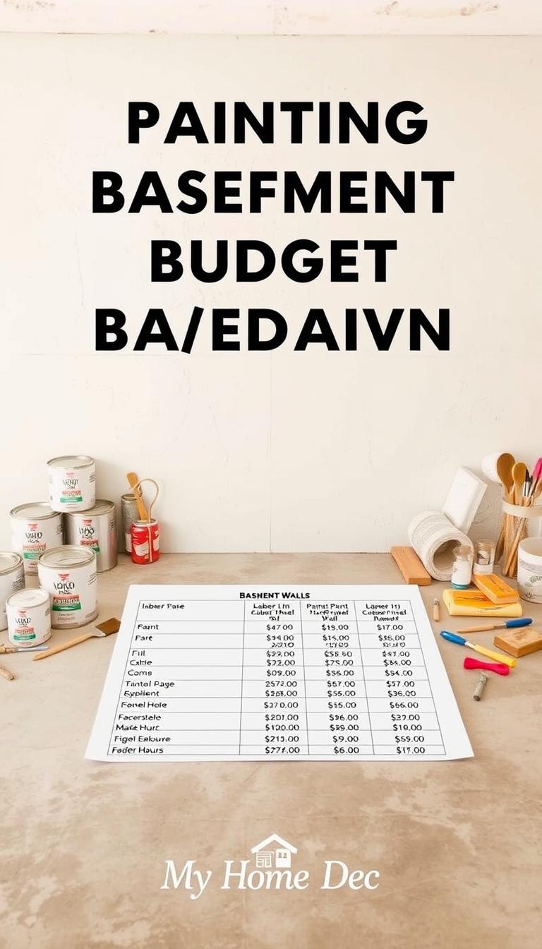 A detailed budget breakdown for painting basement walls, showcasing the costs of various painting ideas. In the foreground, a crisp, clean concrete wall serves as the canvas, with an array of paint cans, brushes, and rollers arranged neatly. The middle ground features a meticulously organized table, displaying a breakdown of expenses, from the cost of paint and supplies to the estimated labor hours. The background is softly lit, creating a warm and inviting atmosphere, with the My Home Dec brand prominently displayed. The overall composition conveys a sense of practicality, attention to detail, and a professional approach to home improvement.