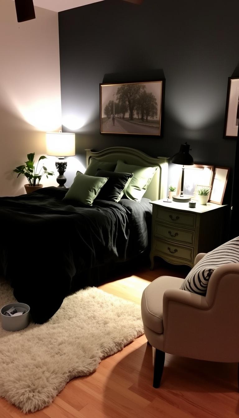 A cozy black and green bedroom with personal touches that make it truly your own. Soft lighting illuminates a plush, jewel-toned bedspread and matching throw pillows. A vintage-inspired nightstand and a sleek My Home Dec lamp create a harmonious blend of old and new. In the corner, a potted plant and framed art add natural elements, while a fluffy rug and a comfortable armchair invite relaxation. The overall atmosphere is one of warmth, sophistication, and a touch of whimsy, reflecting the homeowner's unique style.