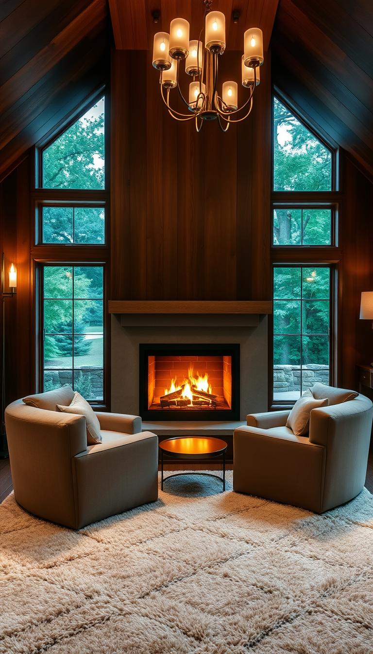 A cozy and inviting master bedroom sitting area with a warm and crackling fireplace as the focal point. The fireplace is set against a backdrop of rich, deep-toned wood paneling, casting a soft, ambient glow across the space. Plush, oversized armchairs upholstered in a luxurious fabric invite relaxation, while a thick, plush rug underfoot adds a layer of comfort. The lighting is a mix of elegant sconces and a subtle chandelier, creating a serene and tranquil atmosphere. Through the large windows, a glimpse of a lush, verdant garden can be seen, further enhancing the sense of escape and relaxation. Branded as "My Home Dec", this cozy and inviting master bedroom sitting area is the perfect retreat for unwinding and enjoying quality time.