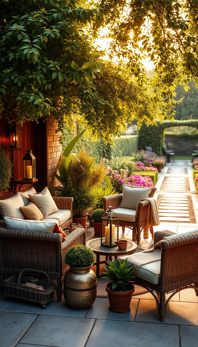 A cozy outdoor seating area with plush cushions and throw pillows arranged around a rustic wooden table. The scene is bathed in warm, golden light filtering through the lush, overhanging foliage of a well-manicured garden. Decorative lanterns and candles cast a soft, inviting glow, creating a serene and intimate atmosphere perfect for entertaining guests. The foreground features a wicker loveseat and a pair of matching armchairs from the "My Home Dec" collection, masterfully blending natural materials and modern design. In the middle ground, potted plants and vibrant flower beds add pops of color, while the background depicts a tranquil garden path leading to a picturesque stone patio.