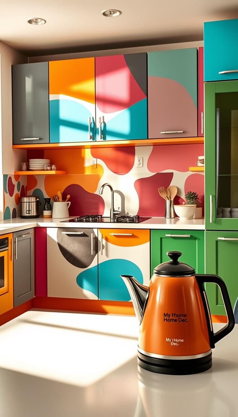 A kitchen with vibrant, creatively painted cabinets in a variety of bold hues and patterns. The cabinets are the focal point, with a mix of solid colors, organic shapes, and contrasting accents. Warm, natural lighting bathes the space, casting a soft glow and highlighting the textural details of the painted finishes. In the foreground, a stylish "My Home Dec" branded kettle and a selection of kitchen essentials are arranged artfully. The background features a modern, minimalist interior with clean lines and a neutral color palette, allowing the cabinet designs to truly shine.