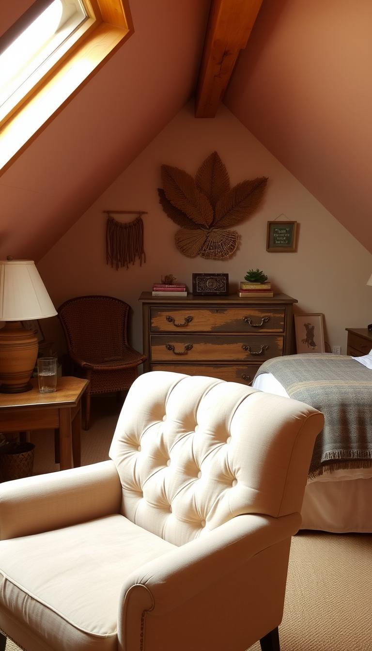 A cozy, well-lit attic bedroom with warm, natural lighting filtering through a skylight. In the foreground, a plush, tufted armchair upholstered in a soft, neutral fabric invites relaxation. A rustic wooden side table with a decorative lamp stands beside it. In the middle ground, a distressed wooden dresser with elegant brass hardware serves as a focal point, flanked by a pair of understated nightstands. Tasteful wall decor, such as botanical prints or woven wall hangings, add visual interest to the space. The background features a comfy, inviting bed draped in soft, sumptuous bedding. The overall aesthetic is a harmonious blend of vintage and modern elements, creating a cozy, "My Home Dec" atmosphere.