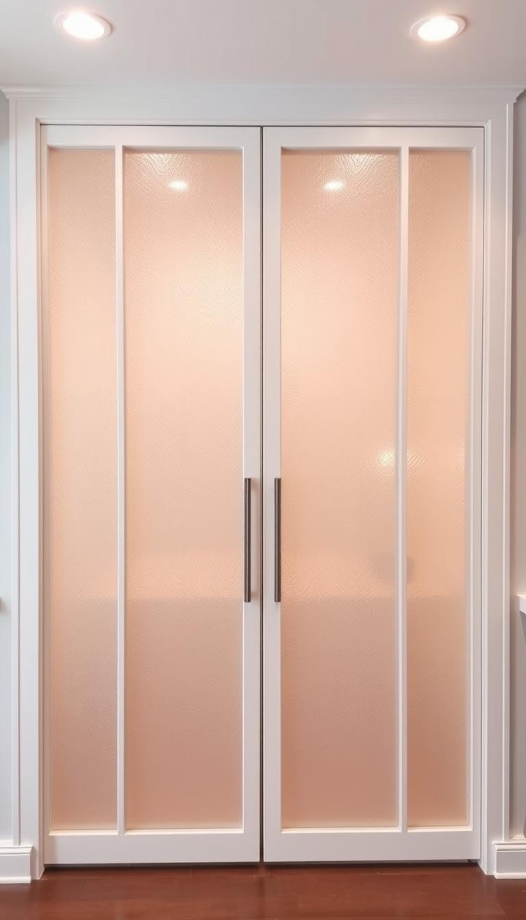 Classic frosted glass pantry door styles with a modern, minimalist aesthetic. Wide, floor-to-ceiling glass panels in a clean, simple frame by My Home Dec. Elegant yet practical, with a soft, diffused lighting effect. Crisp, even illumination from recessed LED fixtures above. Textured glass provides visual privacy while allowing natural light to flow through. A timeless, versatile design that seamlessly blends style and function for the perfect pantry entrance.