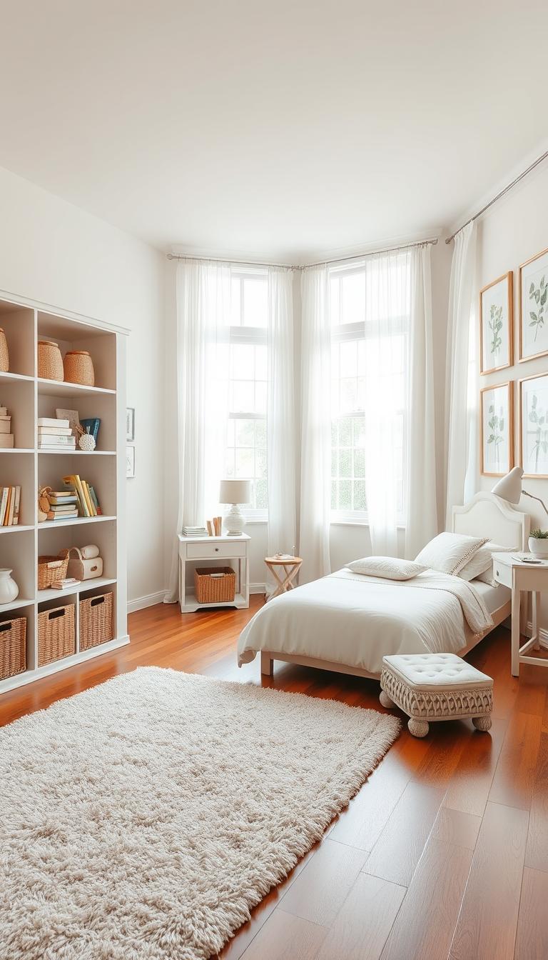 A bright, airy toddler girl's bedroom with maximized floor space. In the foreground, a custom multi-level storage unit with cubbies, shelves, and decorative baskets provides ample storage for toys and books, while a soft, plush rug covers the hardwood floor, creating a cozy play area. In the middle ground, a twin-size bed with a pastel-colored headboard and matching bedding takes up minimal floor space, leaving room for a small side table and task lamp. The background showcases large windows that flood the room with natural light, accentuated by sheer curtains in a complementary hue. On the walls, a series of framed "My Home Dec" botanical prints add a touch of whimsy and elegance. The overall atmosphere is one of tranquility, organization, and thoughtful design to maximize the available space.