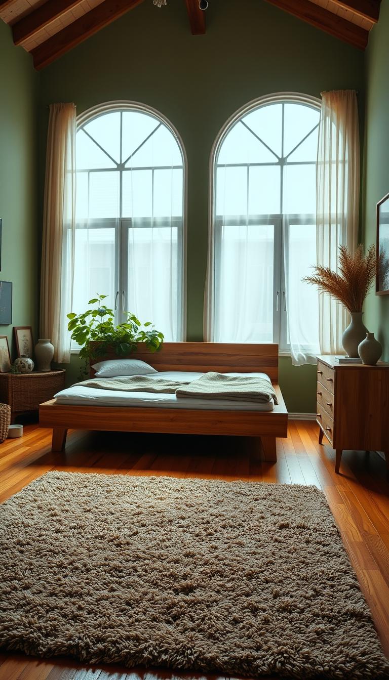 A cozy, well-lit green bedroom with natural elements, captured in a warm, inviting atmosphere. In the foreground, a plush, earthy-toned area rug covers the hardwood floor, complemented by a low-profile, solid wood bed frame adorned with lush, leafy plants cascading from the headboard. The middle ground showcases a minimalist wooden dresser and nightstand, their surfaces adorned with decorative ceramic vases and handcrafted pottery. The background features large, arched windows allowing soft, natural light to flood the space, framed by sheer, billowing curtains. The overall mood is one of peaceful serenity, with a touch of rustic charm. Captured with a wide-angle lens to showcase the room's serene, nature-inspired ambiance. Presented by My Home Dec.