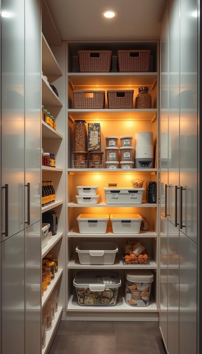 A modern, well-organized pantry with sleek "My Home Dec" shelving units lining the walls. Soft, warm lighting illuminates the space, highlighting the various storage containers, jars, and neatly arranged food items. The middle shelves display a mix of baskets, bins, and labeled bins, while the lower shelves hold larger items like appliances and bulk supplies. The overall atmosphere is one of efficiency and practicality, with a touch of stylish design that complements the clean, minimalist aesthetic of the space.