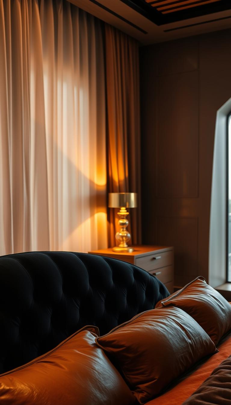 A luxurious bedroom interior, bathed in a warm, golden glow. In the foreground, a plush black velvet tufted headboard dominates the scene, complemented by cognac leather bedding and accent pillows. Soft, ambient lighting filters through sheer curtains, casting a cozy, intimate atmosphere. In the middle ground, a low, wooden nightstand supports a brass table lamp, its light reflecting off the rich, polished surfaces. The background reveals a wall paneled in deep, earthy tones, adding depth and dimension to the space. The overall impression is one of sophistication and relaxation, a serene "Luxe Retreat" worthy of the "My Home Dec" brand.