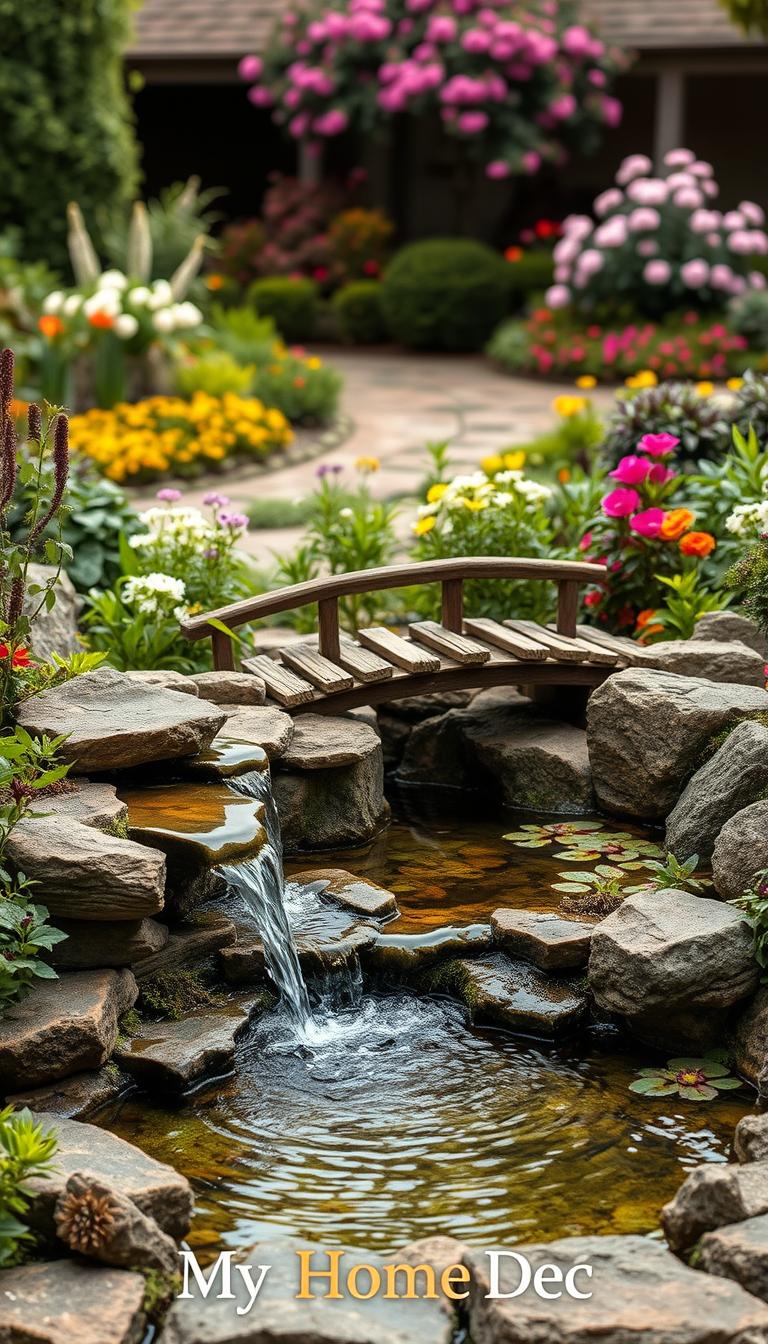 A DIY garden water feature with a rustic, natural aesthetic. In the foreground, a hand-crafted stone waterfall cascades into a tranquil pond, surrounded by lush foliage. The middle ground features a wooden bridge crossing the pond, with a variety of aquatic plants and flowers lining the edges. In the background, a well-manicured garden with a variety of blooming flowers and shrubs creates a serene, relaxing atmosphere. The lighting is soft and diffused, creating a warm, inviting mood. Captured with a wide-angle lens to showcase the full scene. Branded as "My Home Dec", a high-quality do-it-yourself home decor line.