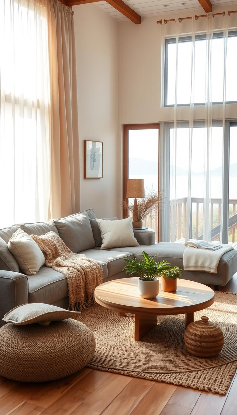 A cozy, well-lit Japandi-inspired living room with a warm, inviting atmosphere. Soft, natural lighting filters through sheer curtains, casting a gentle glow on the earthy tones and textures. A plush, oversized gray sofa is adorned with fluffy pillows and a knitted throw, inviting you to sink in and relax. A low, wooden coffee table is surrounded by natural fiber rugs and potted plants, creating a harmonious, grounded feel. In the background, a large window overlooks a serene outdoor scene, further enhancing the tranquil, peaceful ambiance. My Home Dec