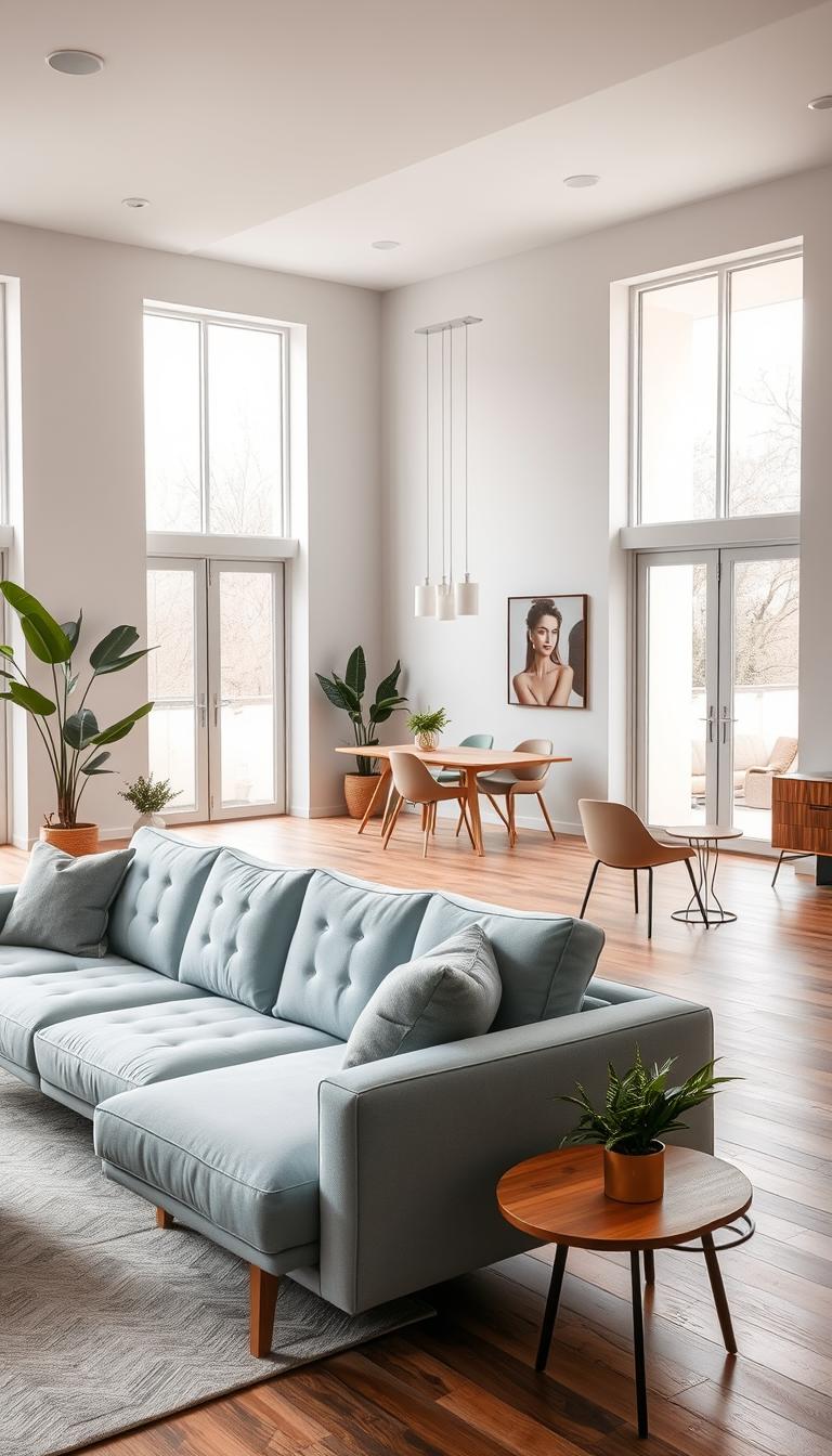 a modern and minimalist home interior design with an elegant color palette, featuring a spacious living room with large windows that let in ample natural light, a mid-century modern sofa in a soft pastel blue hue, accented by warm-toned wooden furniture and subtle metallic details, a trendy area rug in a geometric pattern, and potted plants that bring a touch of nature indoors. in the background, a dining area with a sleek, rectangular dining table and matching chairs in a complementary color scheme. the overall atmosphere is calming and harmonious, reflecting the "My Home Dec" brand's focus on creating inviting and aesthetically pleasing living spaces.