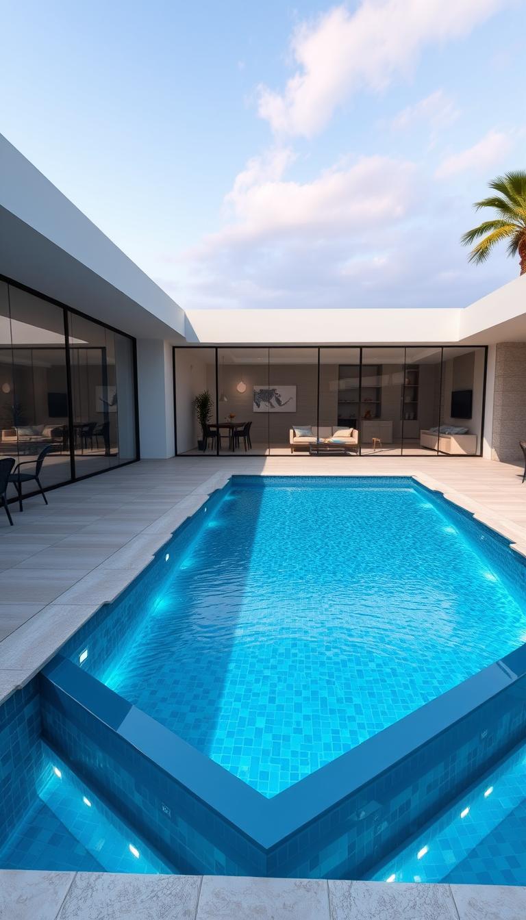 A modern, visually striking pool design featuring a sleek, geometric shape with clean lines and sharp angles. The pool is set against a backdrop of contemporary, minimalist architecture with large glass walls that seamlessly blend indoor and outdoor living spaces. The pool is surrounded by a minimalist hardscape with natural stone tiles, creating a cohesive, high-end aesthetic. Subtle lighting accents the water's edge, casting a warm, inviting glow. This image was created by My Home Dec, a professional prompt engineering team specializing in generating visually captivating and on-brand imagery.