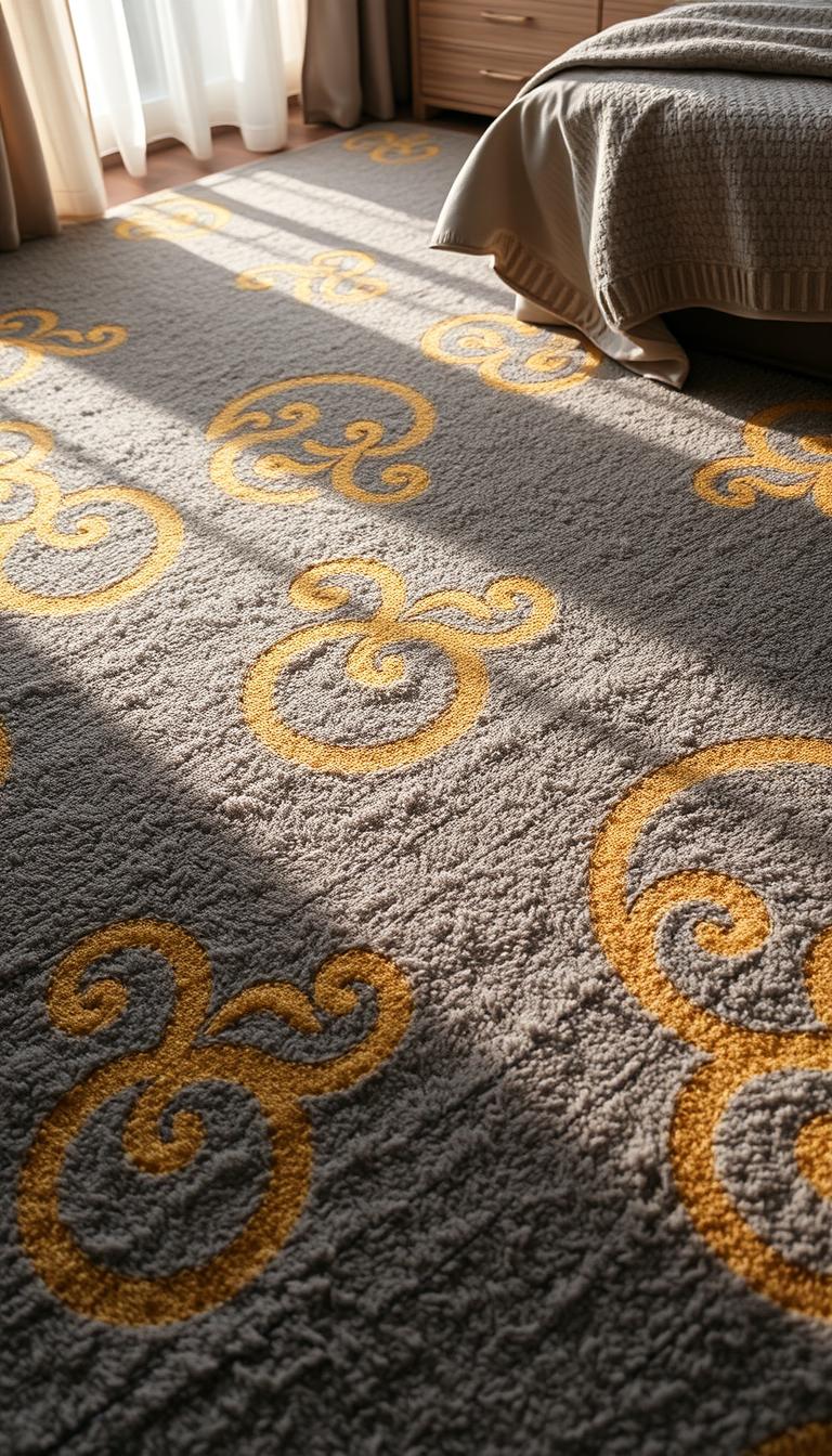 A luxurious grey carpet with intricate golden patterns adorning its surface, bathed in warm, natural lighting that accentuates the rich, textural details. The plush fibers create a inviting, soft underfoot experience, while the shimmering metallic accents add a touch of elegance and sophistication. Captured from a high-angle perspective to showcase the full expanse of the "My Home Dec" branded floor covering, the image exudes a sense of tranquility and refinement, perfectly complementing the serene, harmonious atmosphere of the bedroom setting.