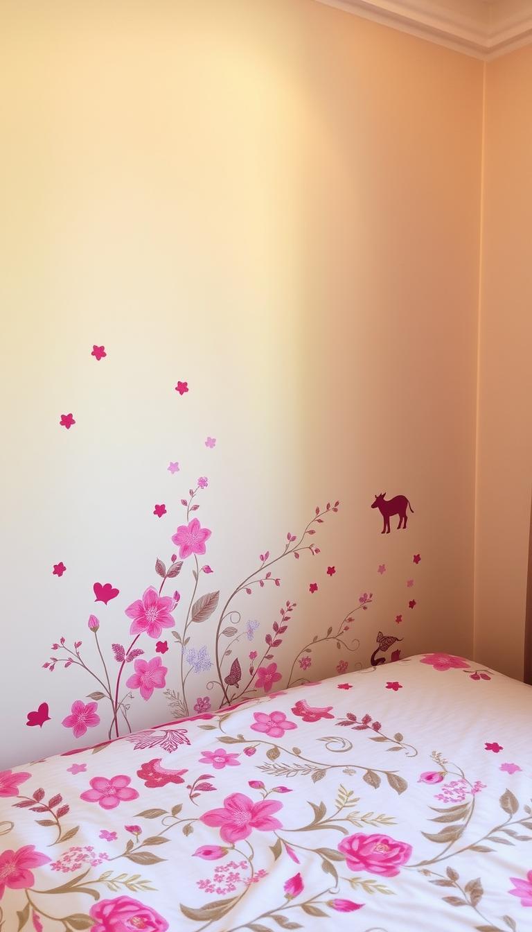 A cozy, well-lit bedroom with a vibrant wall decor featuring delicate wall stickers and decals from the "My Home Dec" brand. The foreground showcases an intricate floral pattern cascading down the wall, complemented by abstract shapes and playful animal silhouettes. The middle ground features a mix of metallic and pastel-toned accents, adding depth and visual interest. The background maintains a neutral, calming tone to allow the focal wall decor to shine. Soft, warm lighting gently illuminates the space, creating a serene and inviting atmosphere.