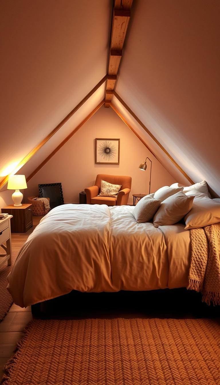 A cozy attic bedroom with plush textiles and warm lighting. In the foreground, a neatly made bed is dressed with soft, velvety duvet covers and fluffy pillows. The middle ground features a comfy armchair upholstered in a rich, earthy tone, accompanied by a side table with a glowing table lamp. In the background, the sloped ceiling is adorned with exposed beams, casting a gentle, ambient glow across the space. Subtle textures, such as a woven area rug and a knitted throw blanket, add depth and character to the scene. An overall sense of comfort and coziness pervades the space, creating a welcoming and relaxing atmosphere. Captured with a wide-angle lens to highlight the full extent of the cozy attic, this image embodies the "Cozy Textiles for a Warm Atmosphere" theme. "My Home Dec"