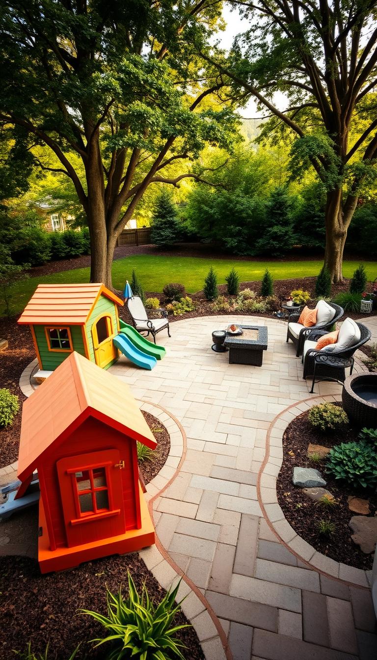 A cozy, kid-friendly paver patio design by My Home Dec, with a whimsical mixture of natural stone and brick pavers. The foreground features a vibrant, child-safe playhouse with a miniature slide and a sandbox nearby. The middle ground showcases a circular seating area with comfortable, weather-resistant outdoor furniture, surrounded by lush, low-maintenance plantings. The background depicts a lush, verdant landscape with towering trees providing dappled shade, creating a serene and inviting atmosphere. The lighting is warm and gentle, evoking a sense of comfort and security. The camera angle is slightly elevated, capturing the entire scene in a harmonious, picturesque composition.