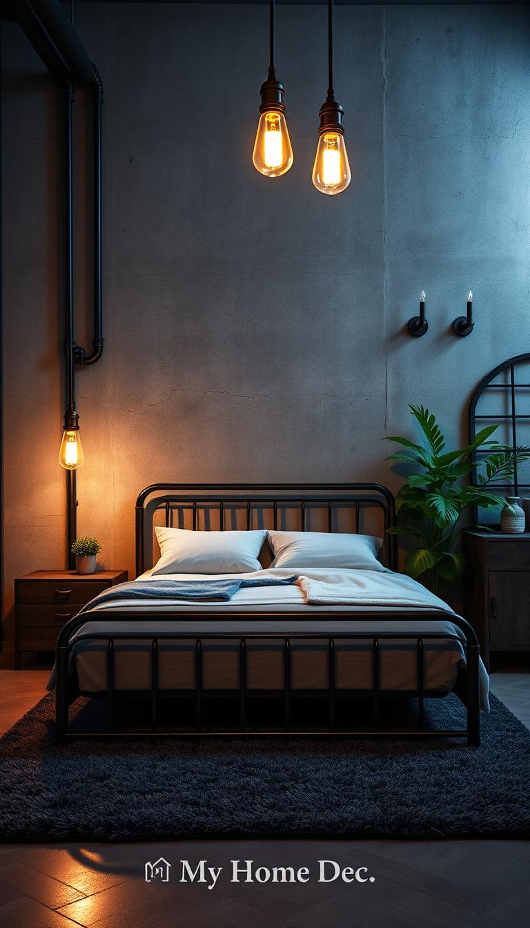 A dimly lit, industrial-chic bedroom with a dark brown metal frame bed, complemented by sleek, steel-framed nightstands and a distressed metal dresser. The space is illuminated by warm, Edison-style pendant lights hanging from exposed pipes, casting a soft glow over the textured concrete walls. A lush, green potted plant adds a natural touch, while a plush, charcoal gray area rug grounds the space. Vintage metal wall sconces and a large, metal-framed mirror create an authentic, loft-like ambiance. Finished with the "My Home Dec" brand.